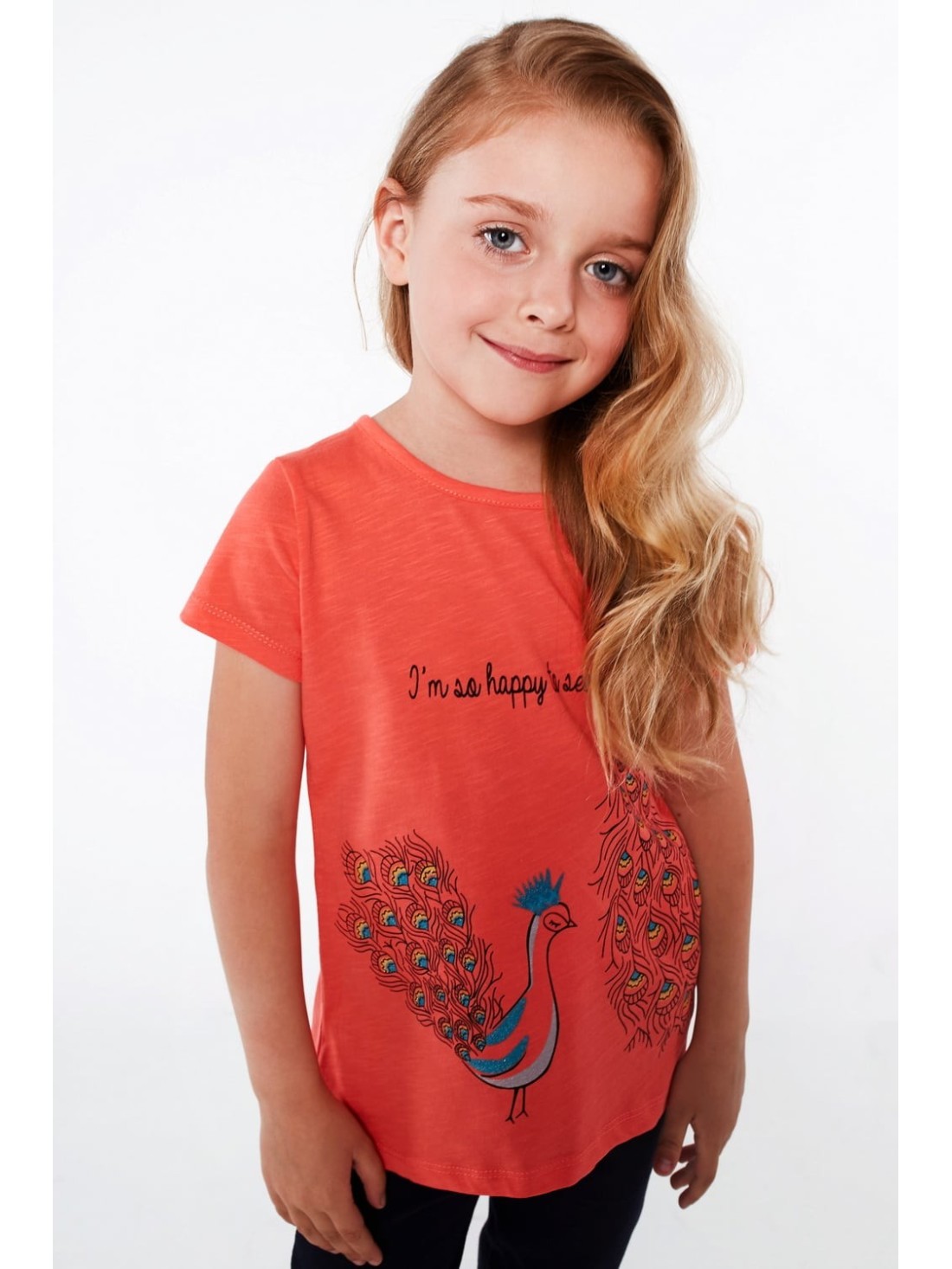 Coral girls\' blouse with a peacock NDZ8195 - Online store - Boutique